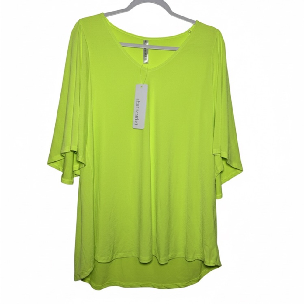 Dear Scarlett Neon Yellow-Green V-Neck Flutter Bell Sleeve Tunic Top Large NWT‎ - Picture 2 of 12